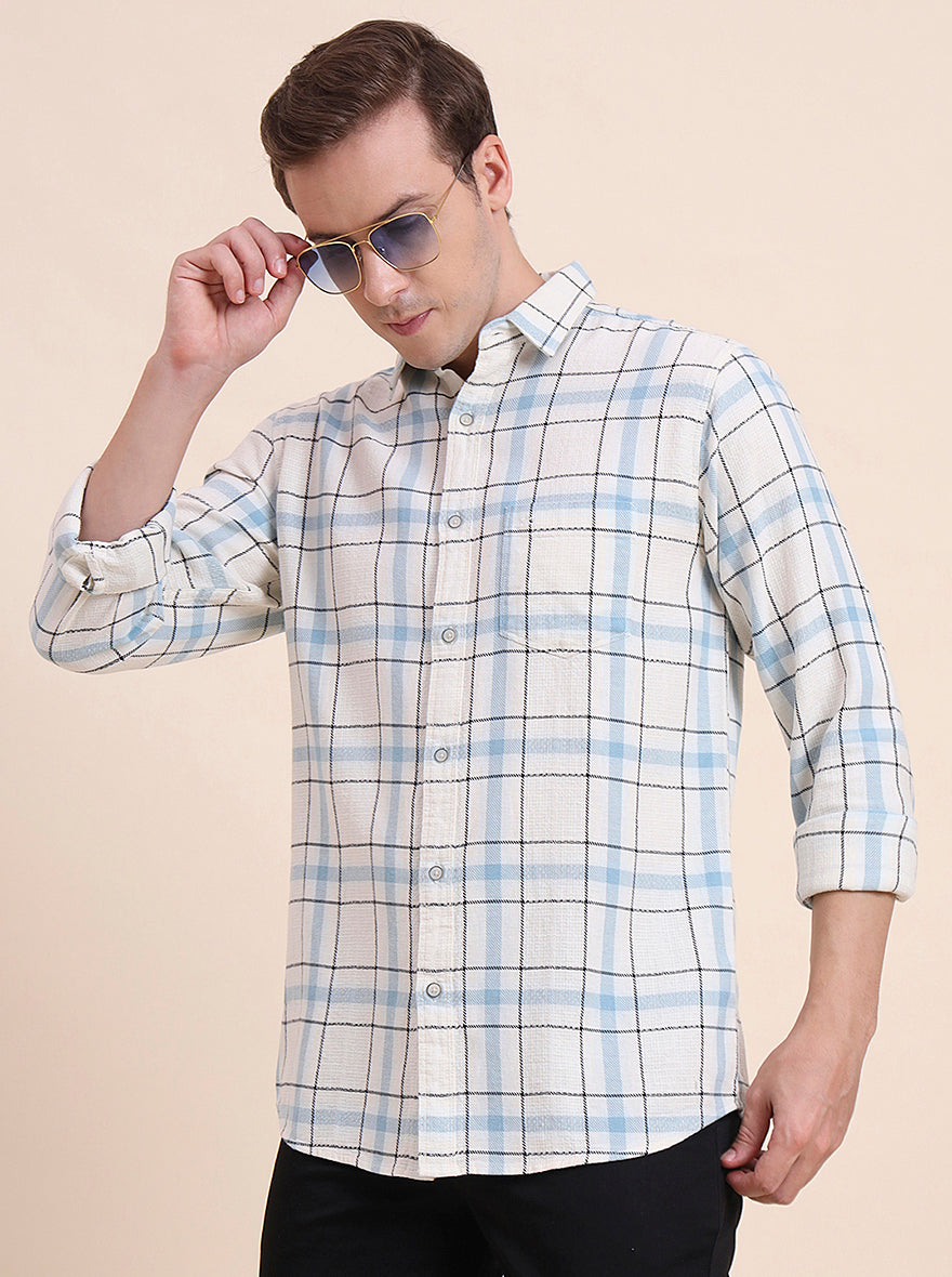 Navy Blue Checked Slim Fit Casual Shirt | JadeBlue