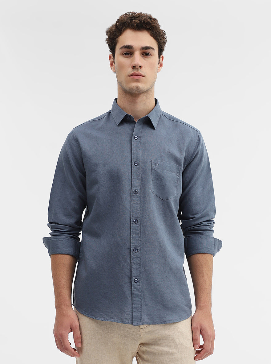 Dark Blue Solid Slim Fit Casual Shirt | JadeBlue