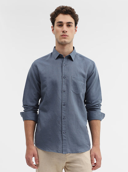 Dark Blue Solid Slim Fit Casual Shirt | JadeBlue