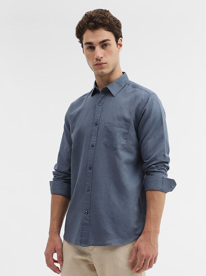 Dark Blue Solid Slim Fit Casual Shirt | JadeBlue