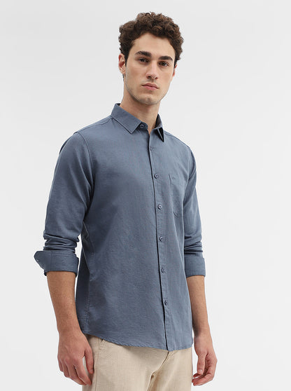 Dark Blue Solid Slim Fit Casual Shirt | JadeBlue