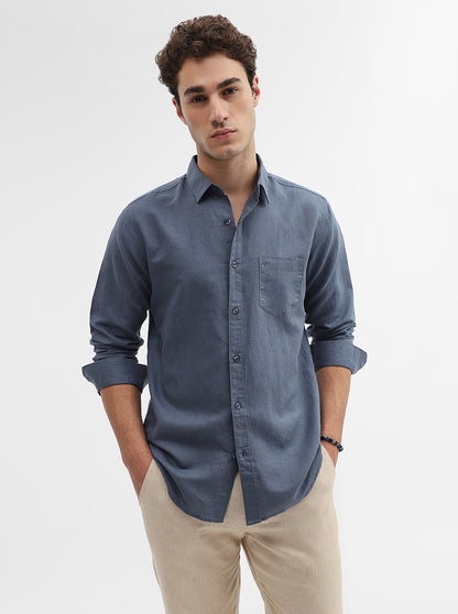 Dark Blue Solid Slim Fit Casual Shirt | JadeBlue