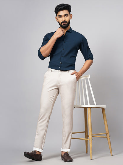 Cream Solid Venice Fit Casual Trouser | JadeBlue