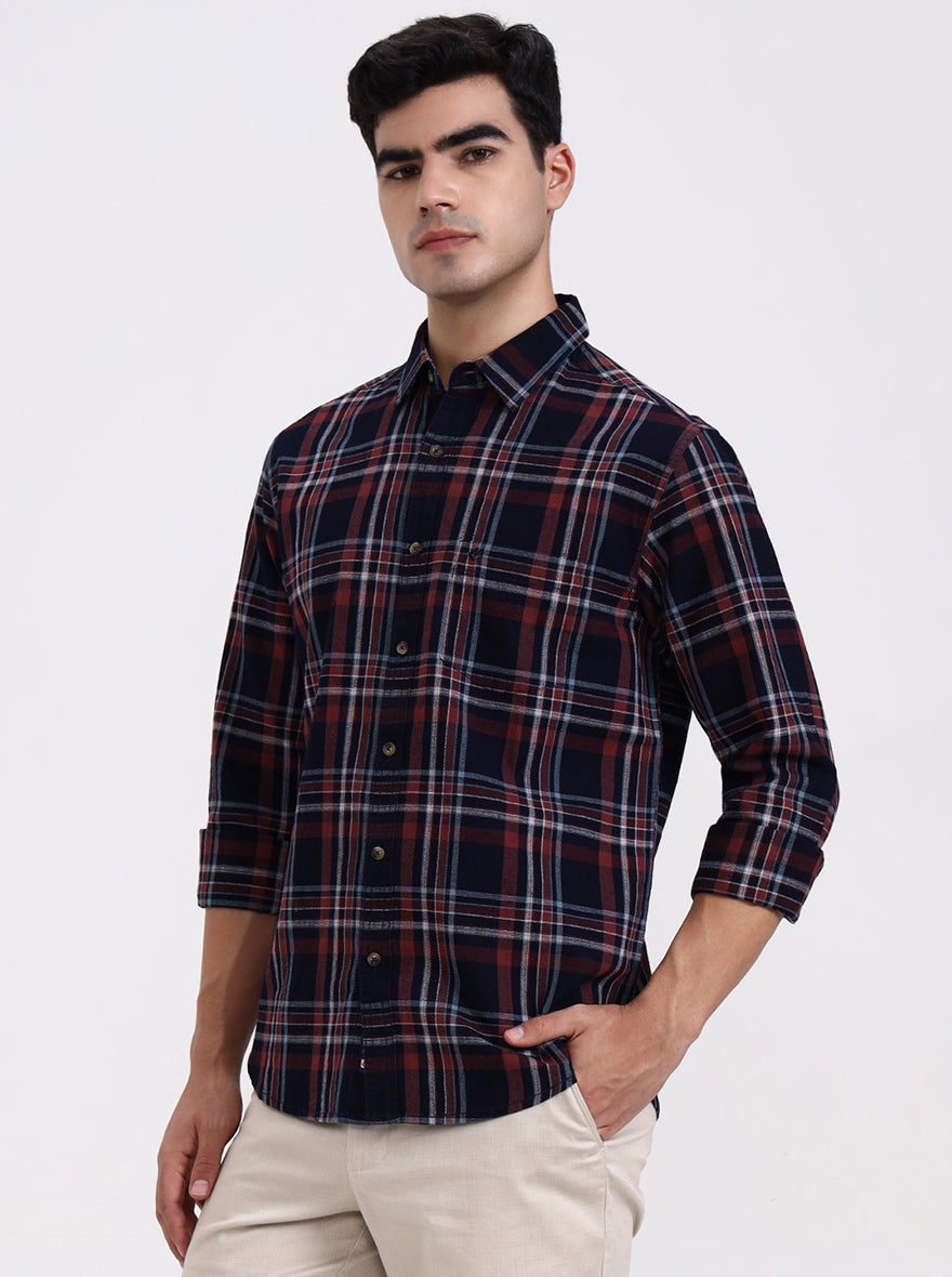 Blue & Red Checked Slim Fit Casual Shirt | Greenfibre