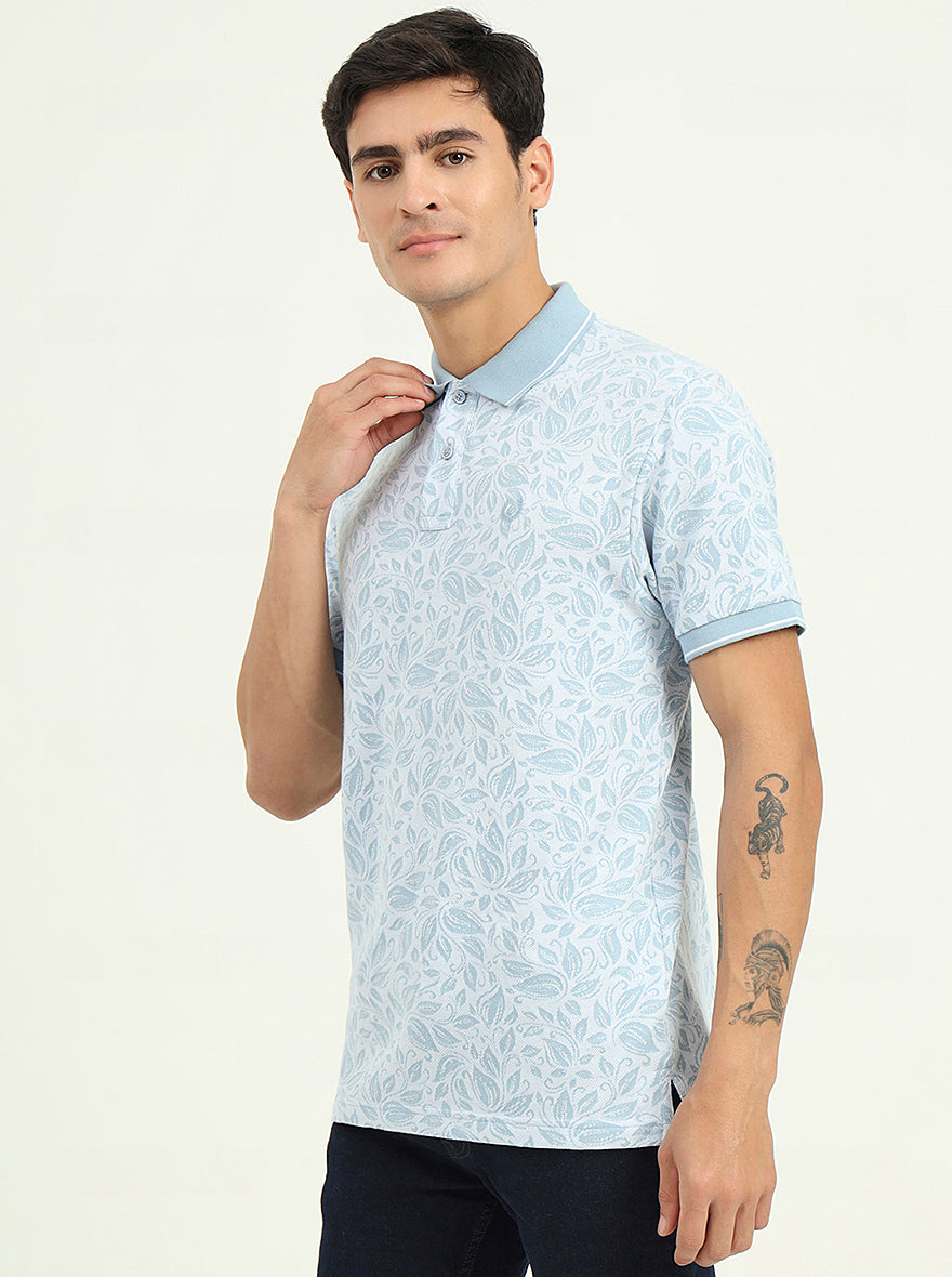 White & Blue Printed Slim Fit Polo T-Shirt | Greenfibre