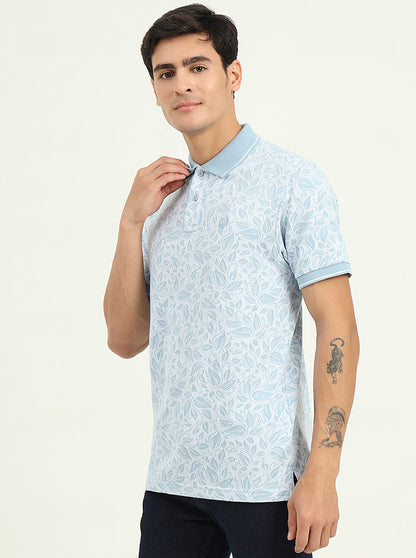 White & Blue Printed Slim Fit Polo T-Shirt | Greenfibre
