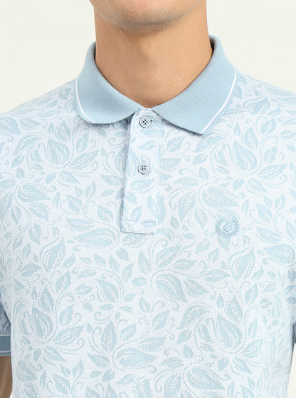 White & Blue Printed Slim Fit Polo T-Shirt | Greenfibre