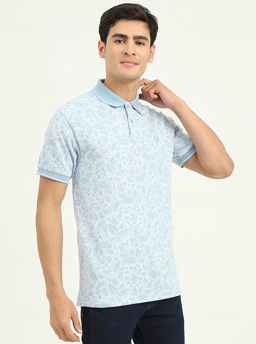 White & Blue Printed Slim Fit Polo T-Shirt | Greenfibre