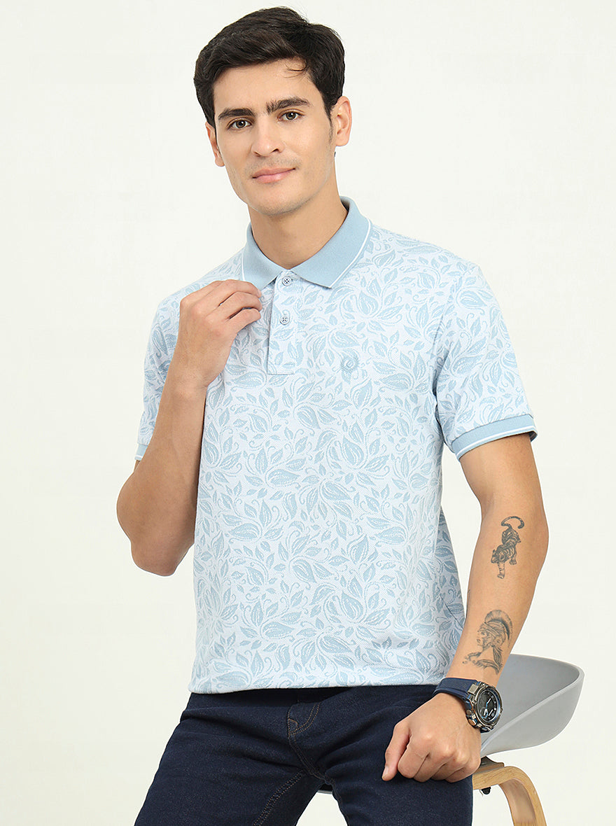 White & Blue Printed Slim Fit Polo T-Shirt | Greenfibre