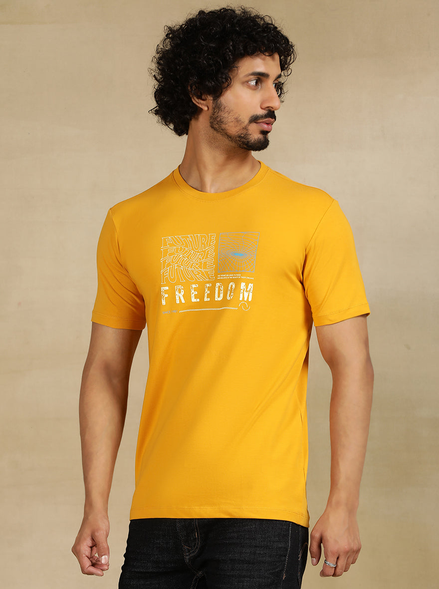 Yellow Printed Slim Fit T-Shirt | JadeBlue