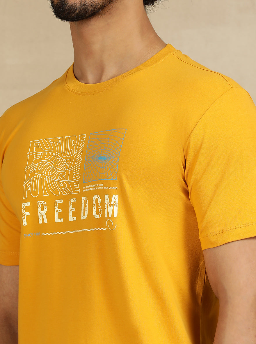 Yellow Printed Slim Fit T-Shirt | JadeBlue
