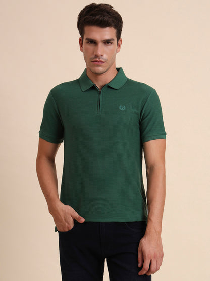 Bottle Green Printed Slim Fit Polo T-Shirt | Greenfibre