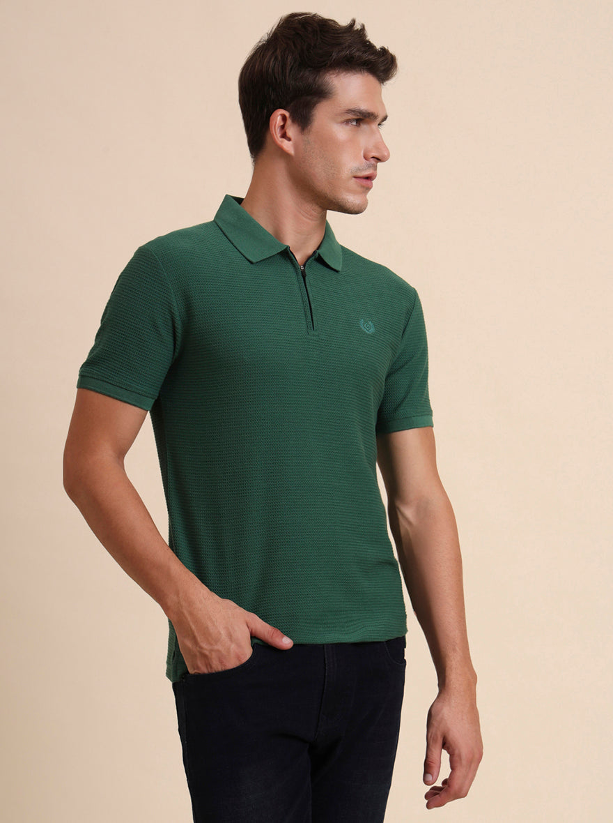 Bottle Green Printed Slim Fit Polo T-Shirt | Greenfibre