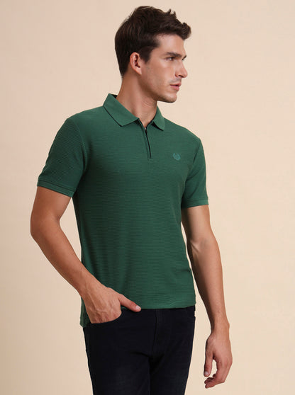 Bottle Green Printed Slim Fit Polo T-Shirt | Greenfibre