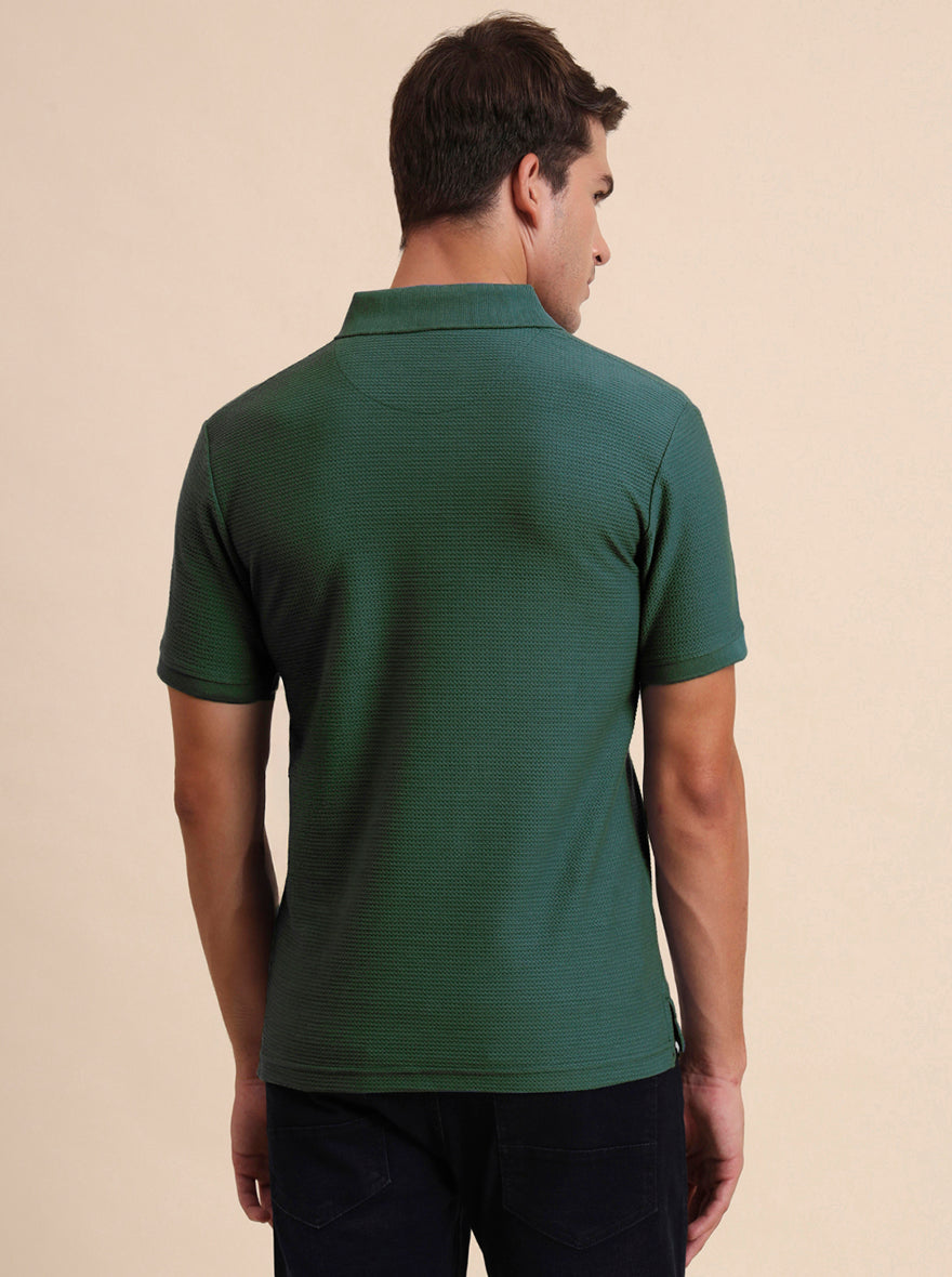 Bottle Green Printed Slim Fit Polo T-Shirt | Greenfibre