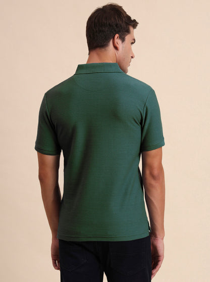Bottle Green Printed Slim Fit Polo T-Shirt | Greenfibre