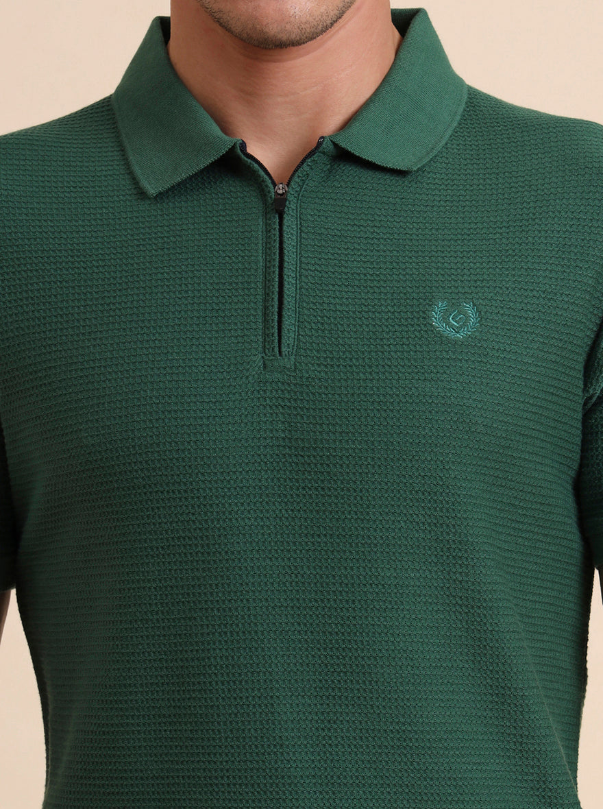 Bottle Green Printed Slim Fit Polo T-Shirt | Greenfibre
