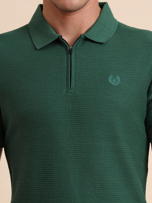 Bottle Green Printed Slim Fit Polo T-Shirt | Greenfibre