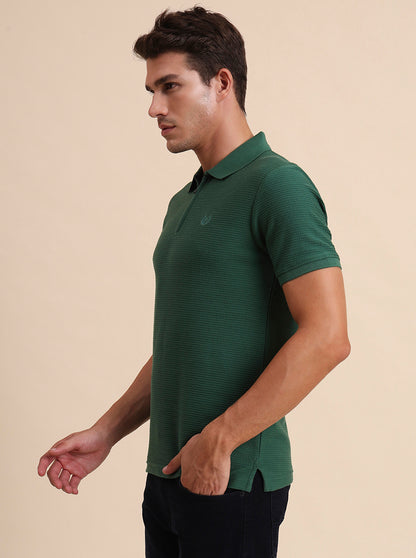 Bottle Green Printed Slim Fit Polo T-Shirt | Greenfibre