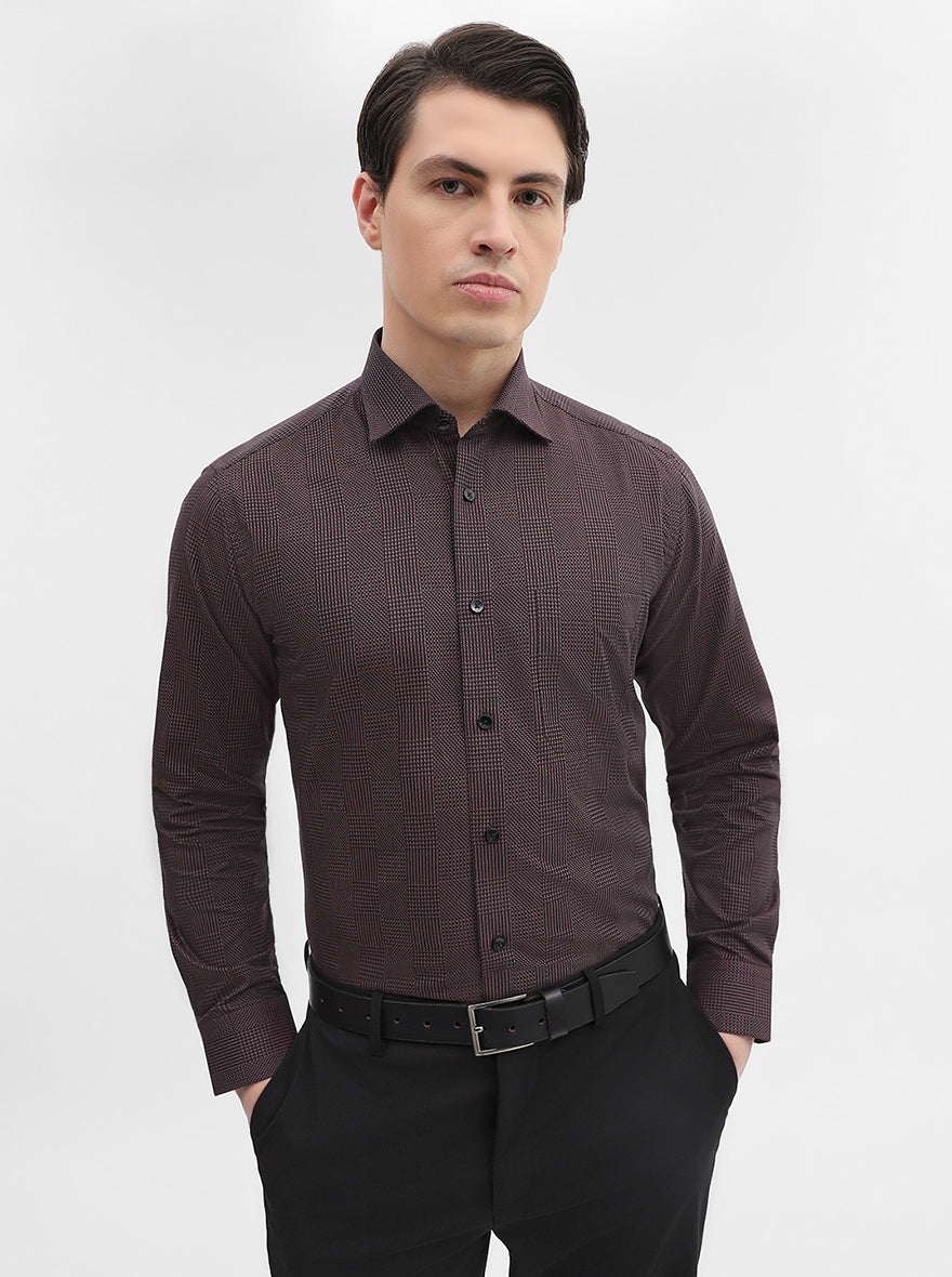 Brown Printed Slim Fit Formal Shirt | Metal