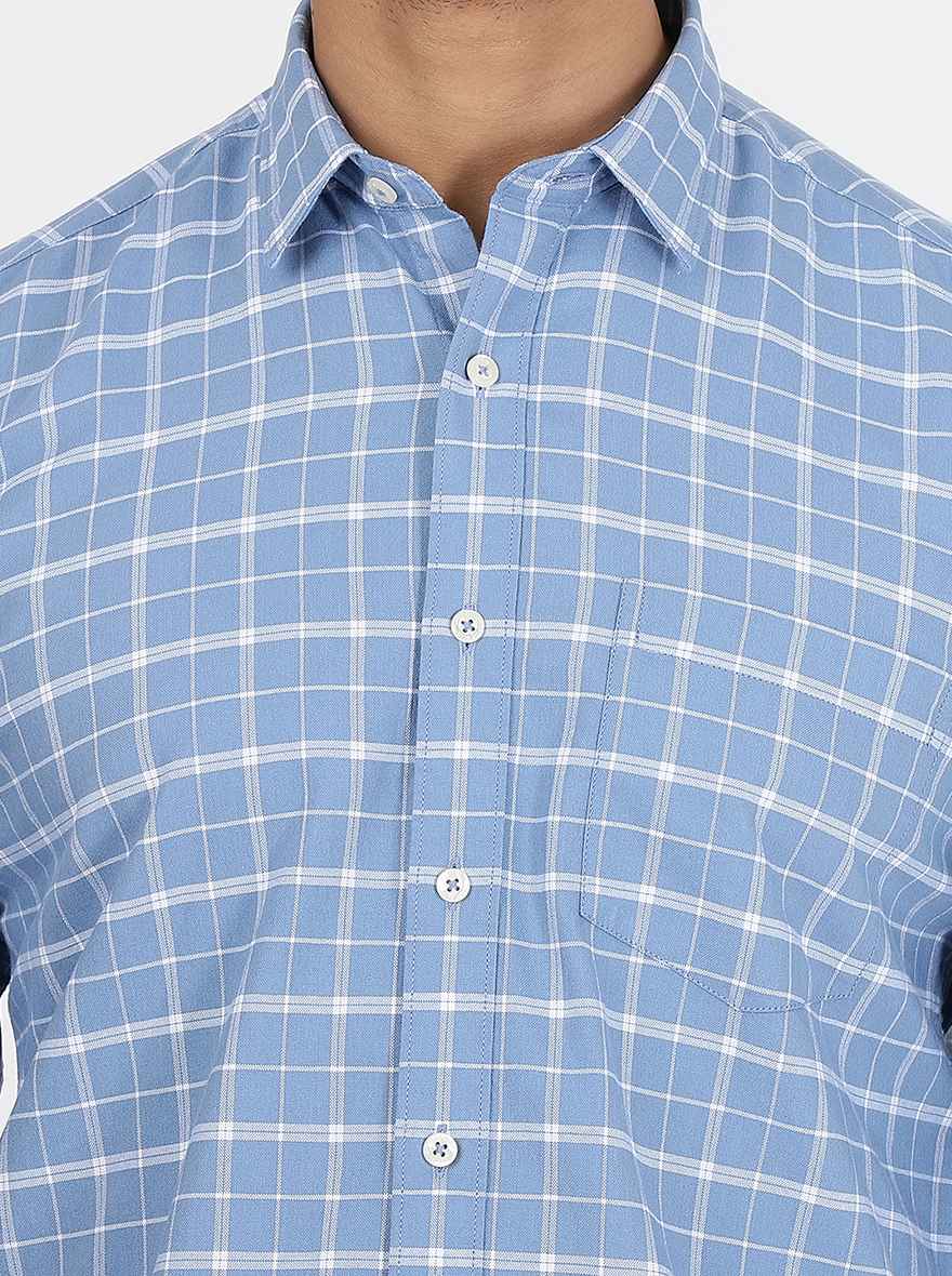 Light Blue Checked Slim Fit Semi Casual Shirt | JadeBlue