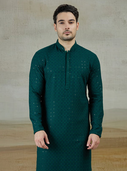 Green Lakhnavi Embroidered Kurta | The Kurta Company