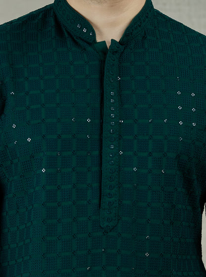 Green Lakhnavi Embroidered Kurta | The Kurta Company