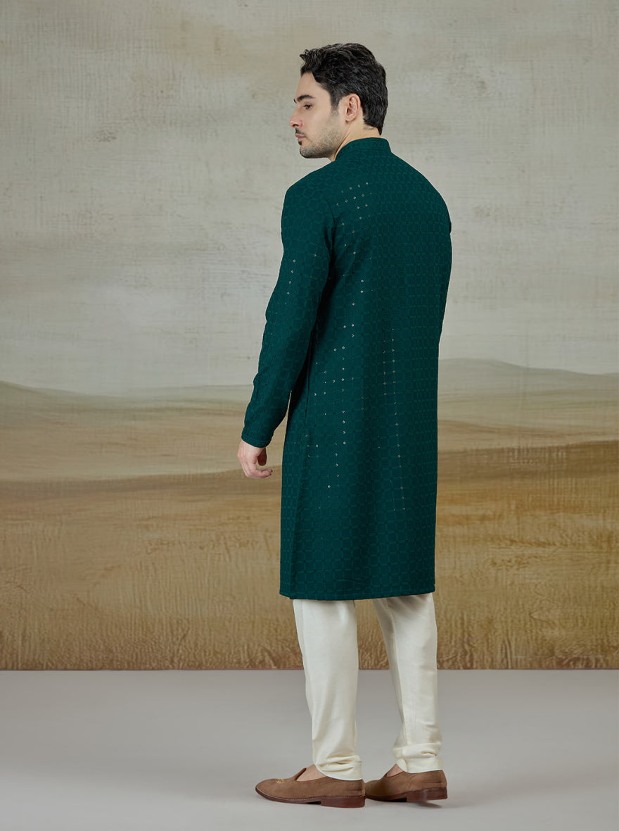 Green Lakhnavi Embroidered Kurta | The Kurta Company