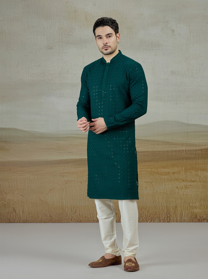 Green Lakhnavi Embroidered Kurta | The Kurta Company
