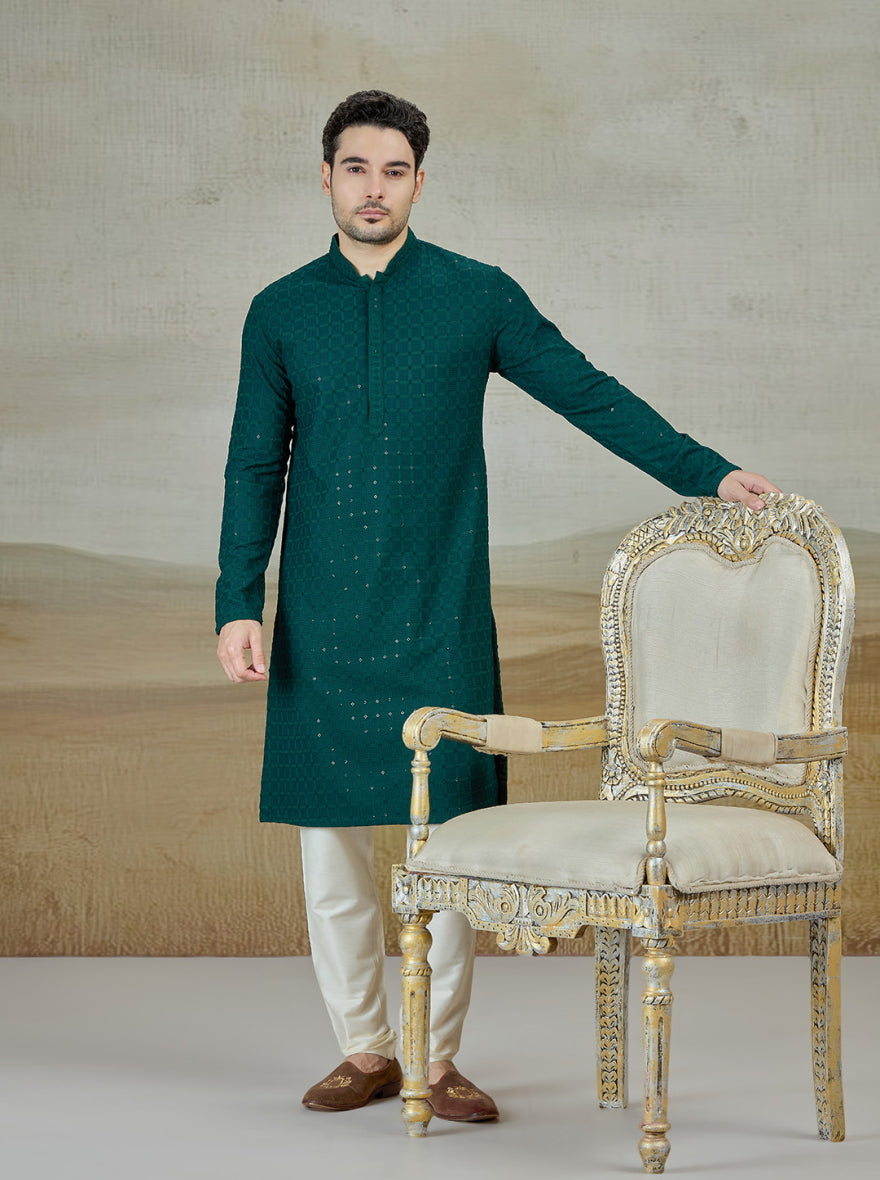 Green Lakhnavi Embroidered Kurta | The Kurta Company