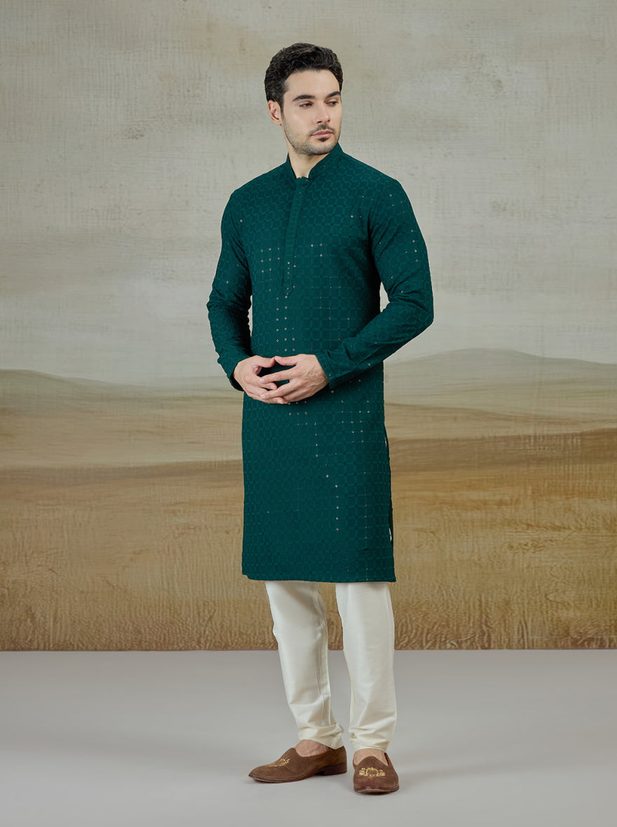 Green Lakhnavi Embroidered Kurta | The Kurta Company