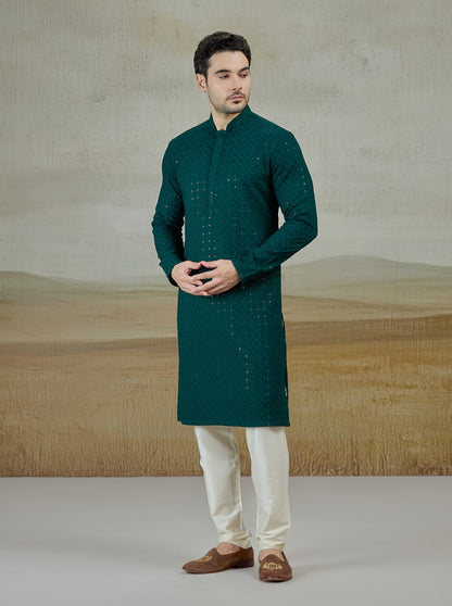 Green Lakhnavi Embroidered Kurta | The Kurta Company