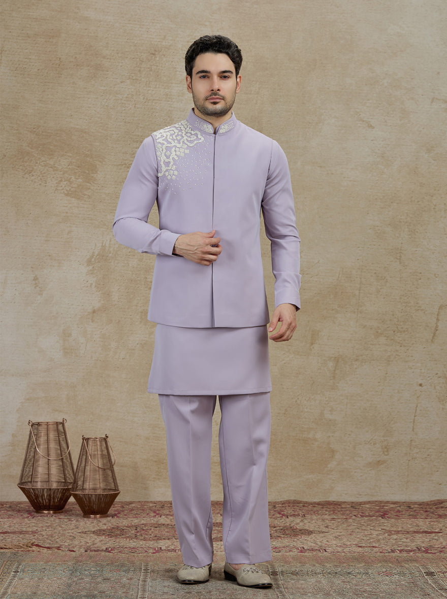 Purple Lilac Embroidered Kurta Pajama with Koti | TULA