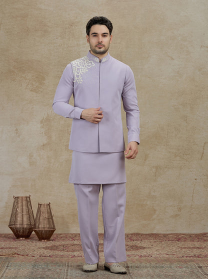 Purple Lilac Embroidered Kurta Pajama with Koti | TULA