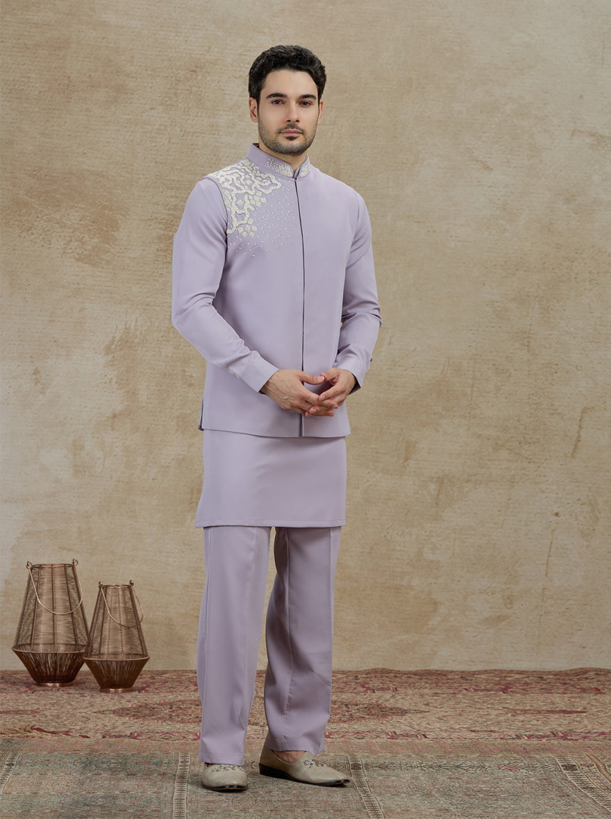 Purple Lilac Embroidered Kurta Pajama with Koti | TULA