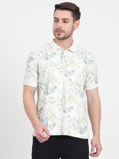 White & Grey Printed Slim Fit Polo T-Shirt | JadeBlue