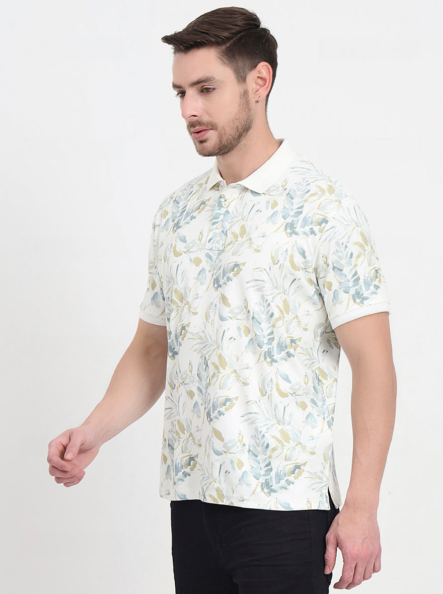 White & Grey Printed Slim Fit Polo T-Shirt | JadeBlue