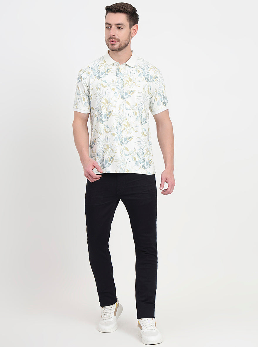 White & Grey Printed Slim Fit Polo T-Shirt | JadeBlue