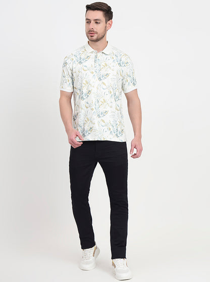 White & Grey Printed Slim Fit Polo T-Shirt | JadeBlue