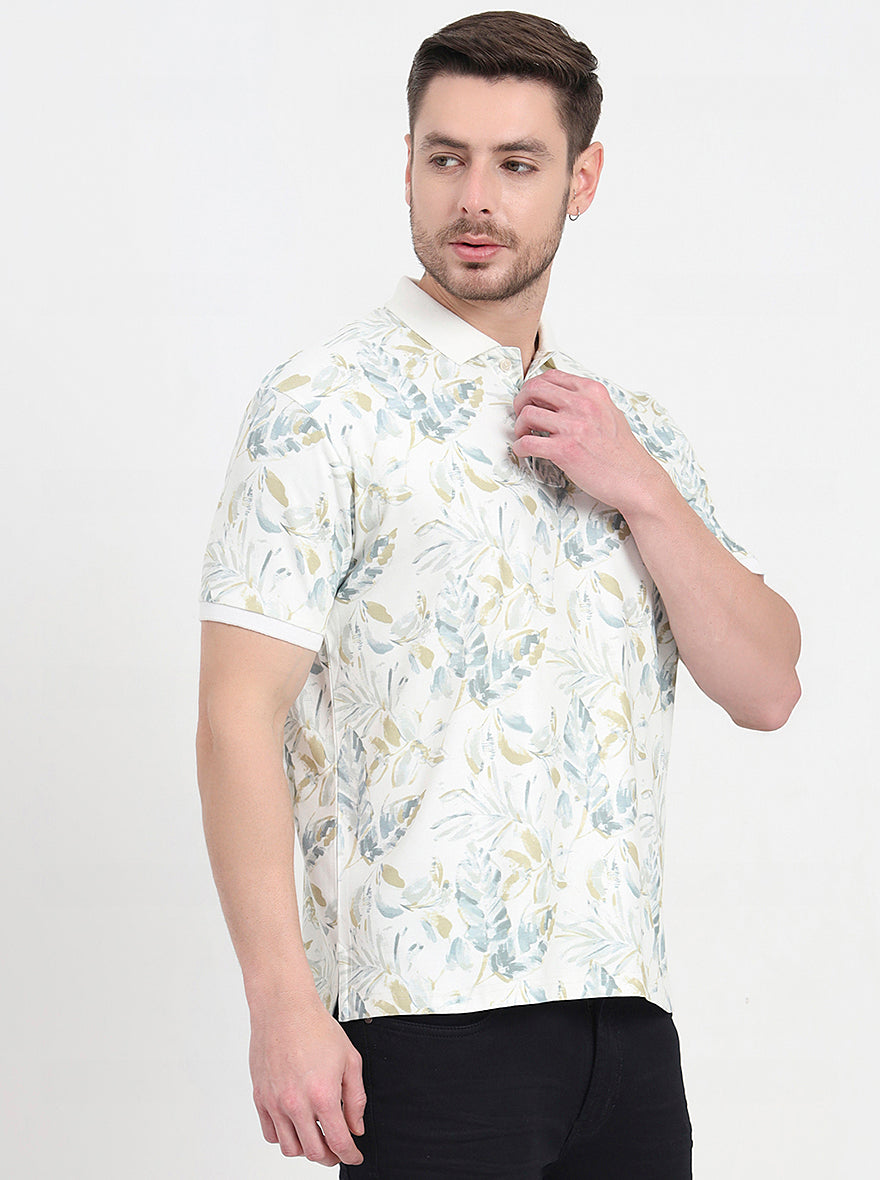 White & Grey Printed Slim Fit Polo T-Shirt | JadeBlue