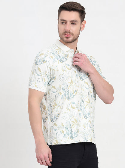 White & Grey Printed Slim Fit Polo T-Shirt | JadeBlue