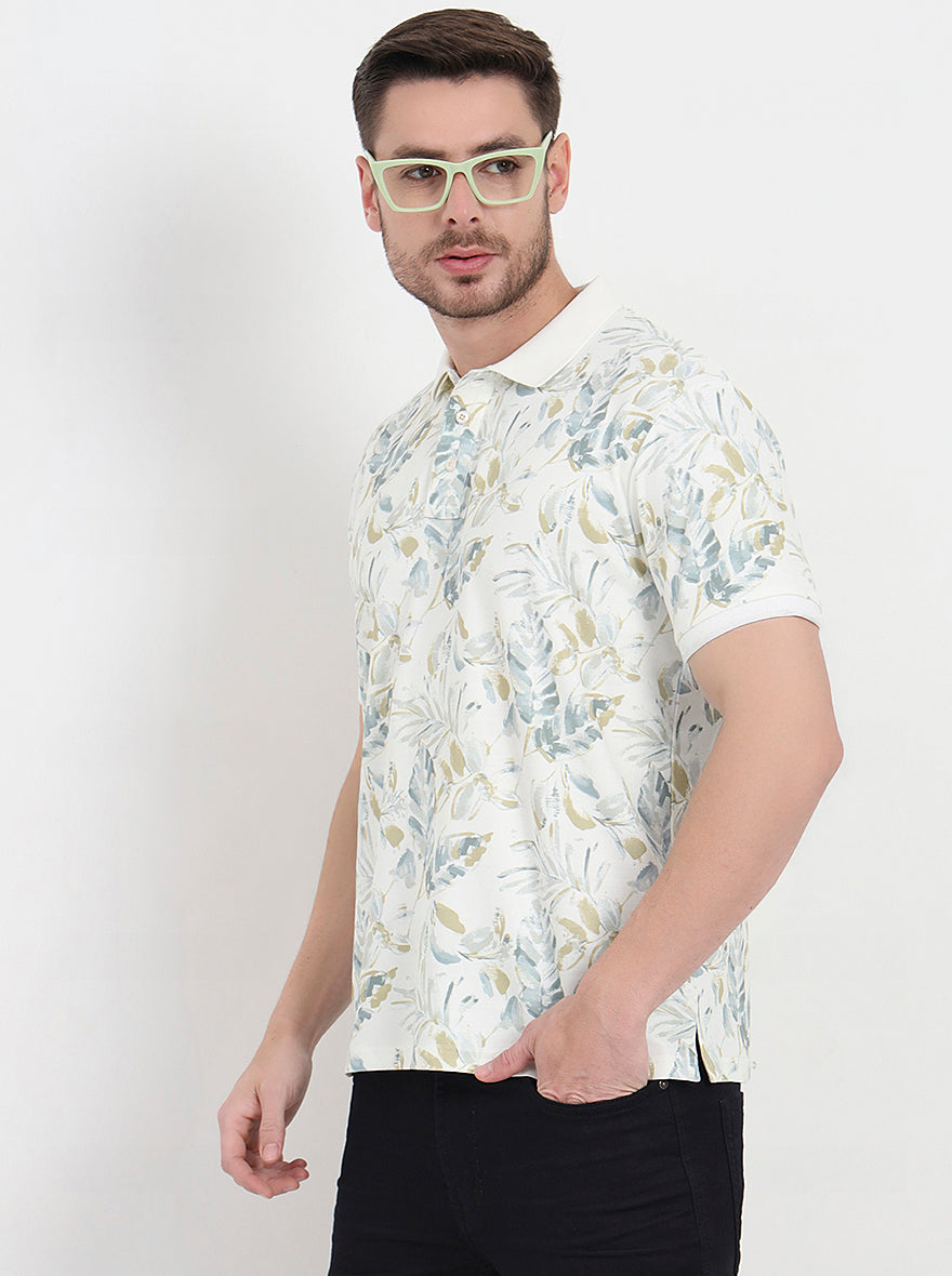 White & Grey Printed Slim Fit Polo T-Shirt | JadeBlue