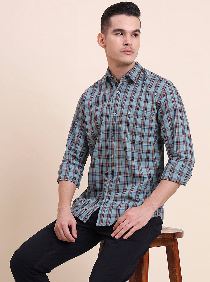 Dark Mint Checked Smart Fit Semi Casual Shirt | Greenfibre