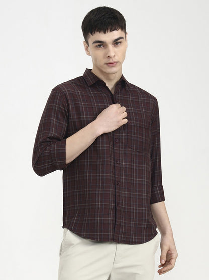 Maroon Checked Slim Fit Casual Shirt | Greenfibre
