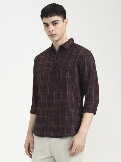 Maroon Checked Slim Fit Casual Shirt | Greenfibre