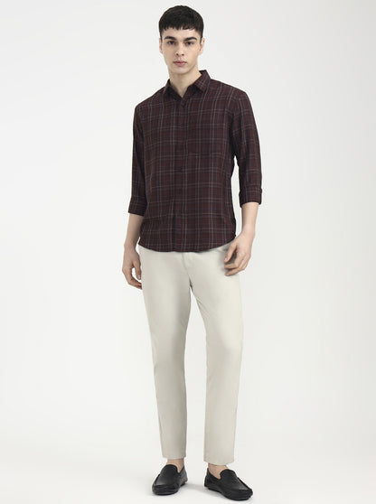 Maroon Checked Slim Fit Casual Shirt | Greenfibre