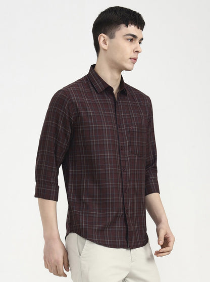 Maroon Checked Slim Fit Casual Shirt | Greenfibre