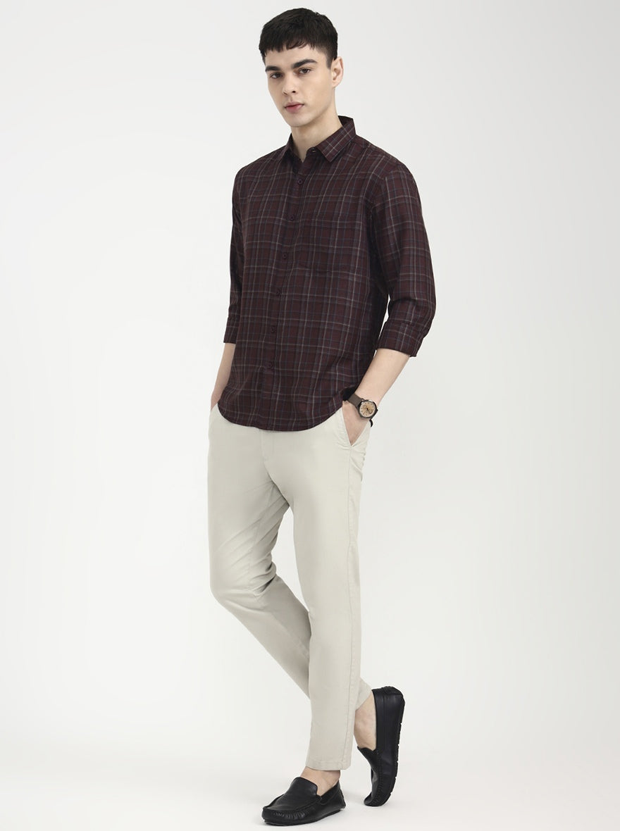 Maroon Checked Slim Fit Casual Shirt | Greenfibre