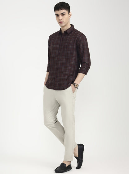 Maroon Checked Slim Fit Casual Shirt | Greenfibre