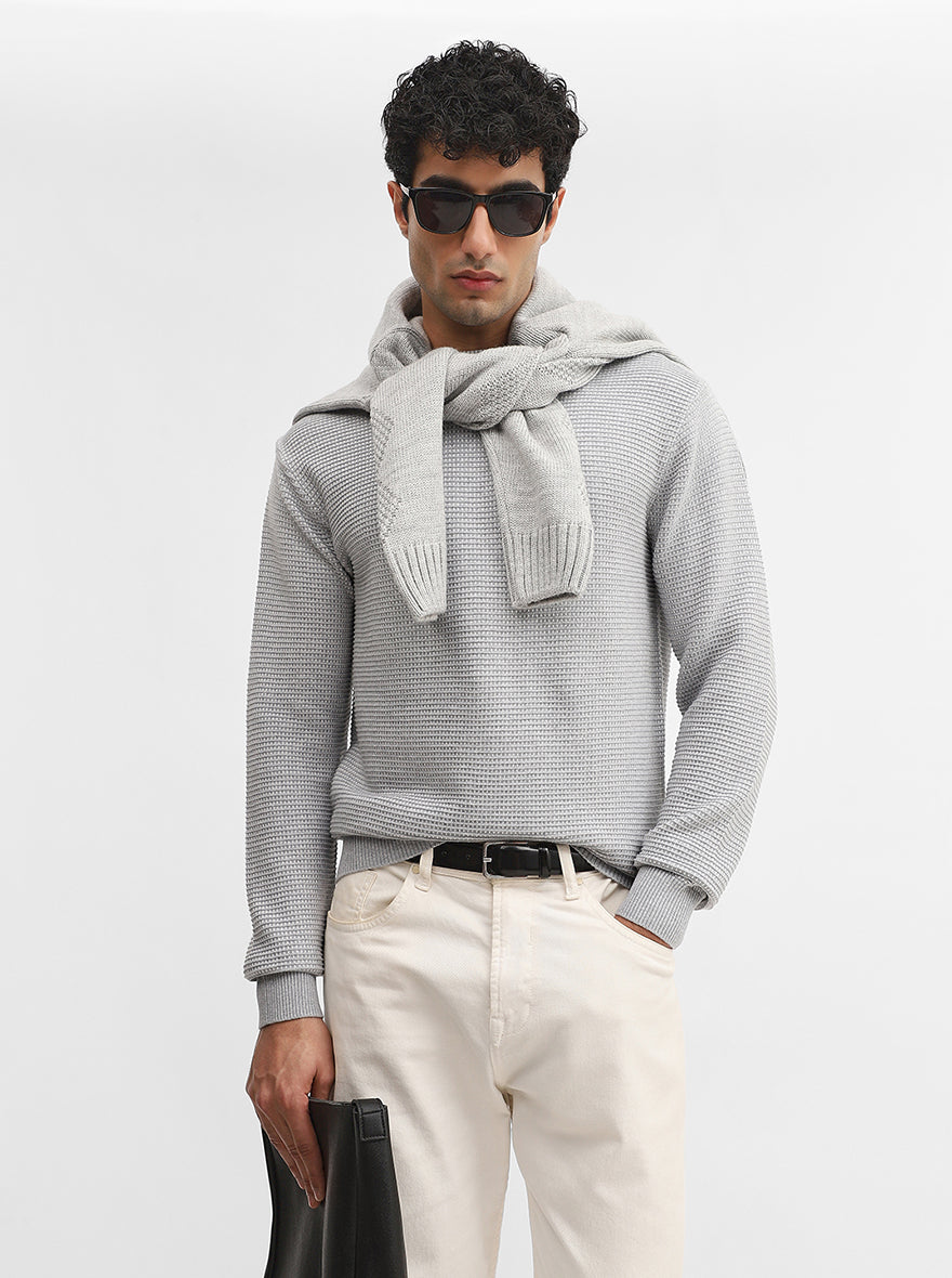 Grey Striped Slim Fit Winter T-Shirt | JadeBlue